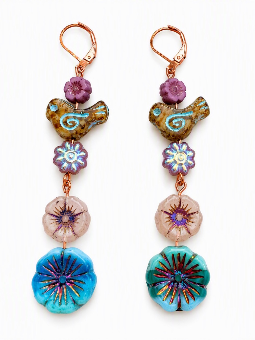 Handmade Czech Glass Bird & Flower Dangle Earrings | Copper Leverback